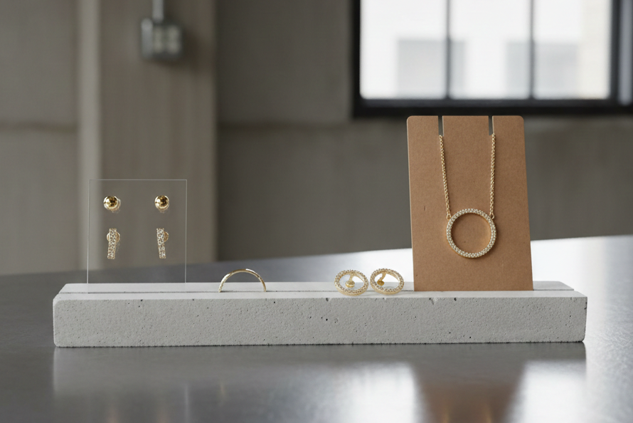 Beton Schmuckdisplay mit klarer Acryl Karte von PasingaProps und Schmuck als Set zu präsentieren Schmuckdisplay mit klarer Acryl Karte von PasingaProps und Schmuck als Set zu präsentieren