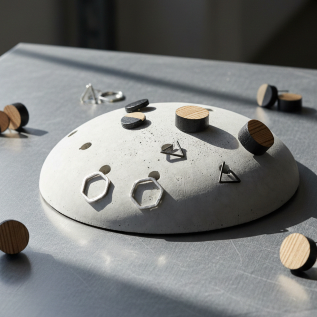 'Hedgehog' Ohrring Tablett als foto Prop und Display von Pasinga Props Rundes Ohrring Tablett aus hellgrauem Beton von Pasinga Props