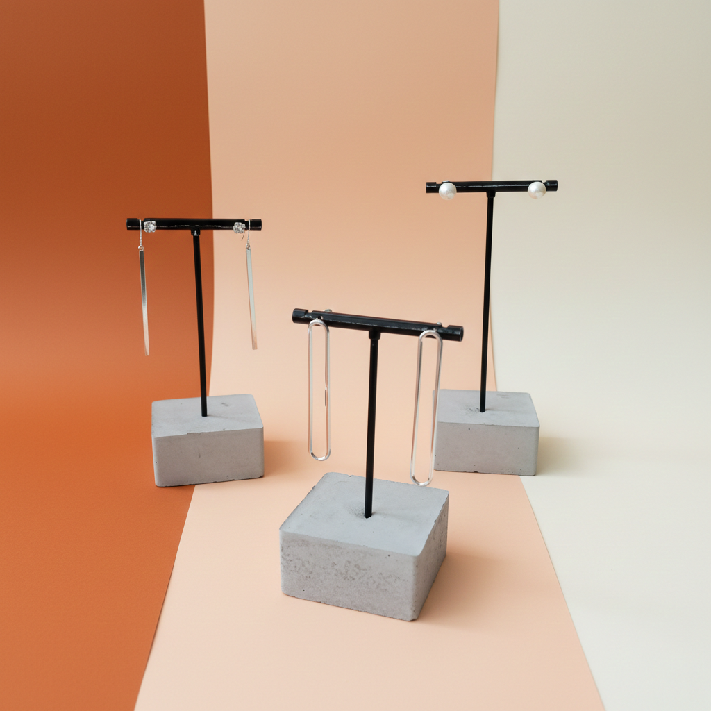 Beton Ohrringhalter mit schwarz silberner T-Stange und Schmuck von PasingaProps, Papierhintergrund mit KI erstellt. Beton Ohrringhalter mit schwarz silberner T-Stange und Schmuck von PasingaProps, Papierhintergrund in orange to beige Farben mit KI erstellt.