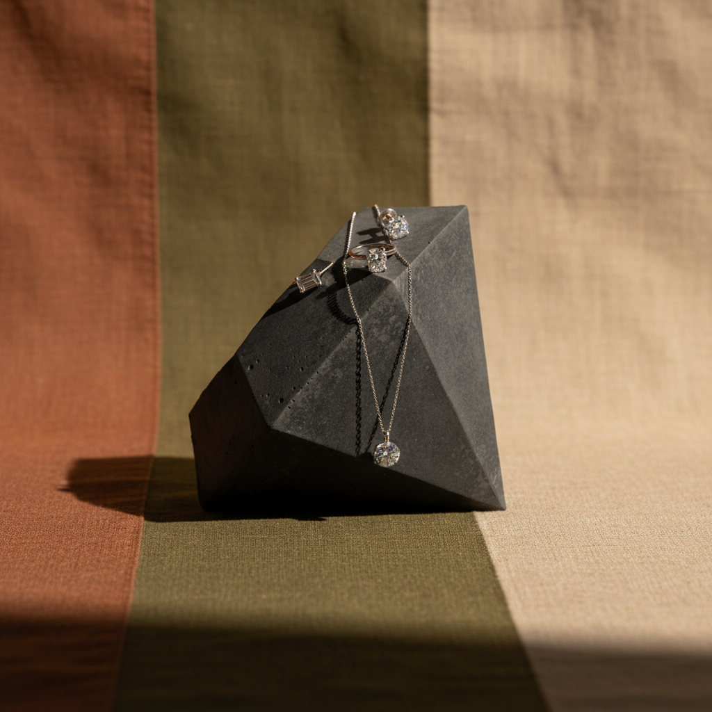 Dunkelgrauer Beton Diamant als Schmuckpräsenter auf Naturton farbenden Hintergrund Dunkelgrauer Beton Diamant als Schmuckpräsenter auf Naturton farbenden Hintergrund