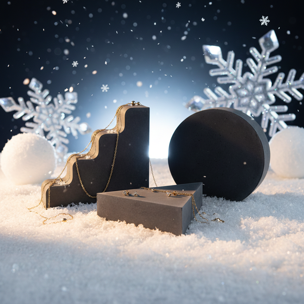 Beton Schmuckdisplay Treppe, Kreis und Dreieck in künstlichem Schnee mit übergrosser Schneeflocke im Hintergrund, Schaufenster Styling Beispiel