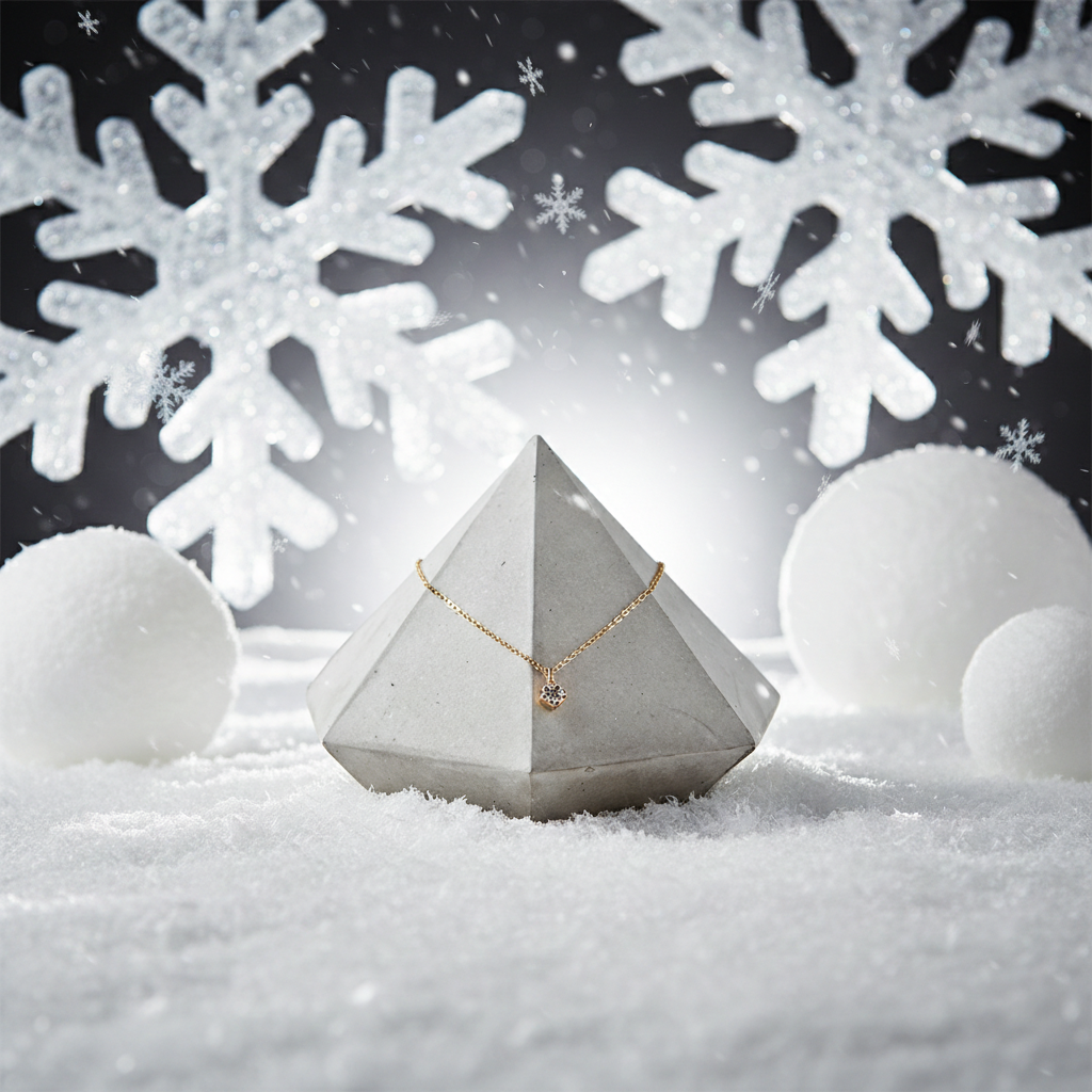 Heller Beton Diamant als Halsketten Präsenter in weisser Schneelandschaft als Beispiel Winter Schaufenster Schmuckdisplay
