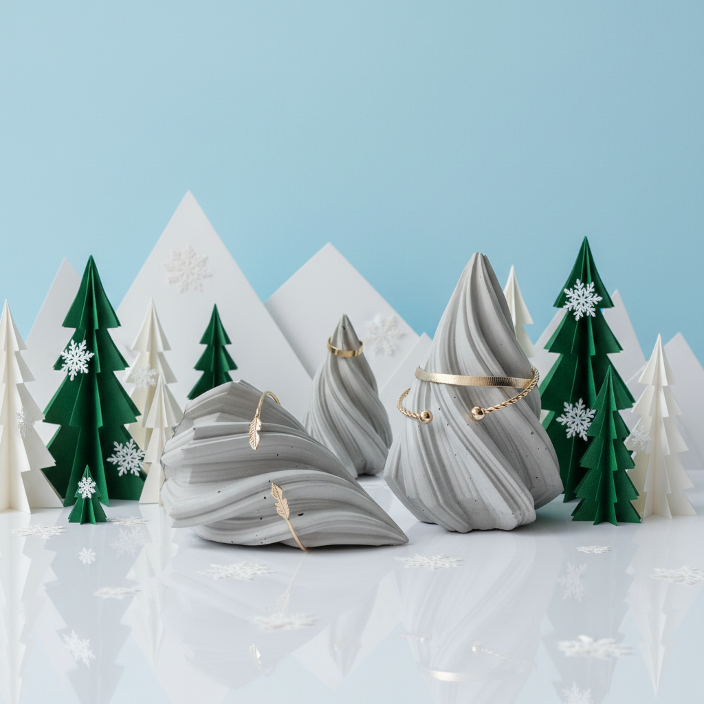 Helle geschwungene Beton Diamanten als Armband und Ring Display Ständer in einer grün weissen Baumlandschaft mit Papier Schneeflocken als winterliches Schmuckdisplay Beispiel