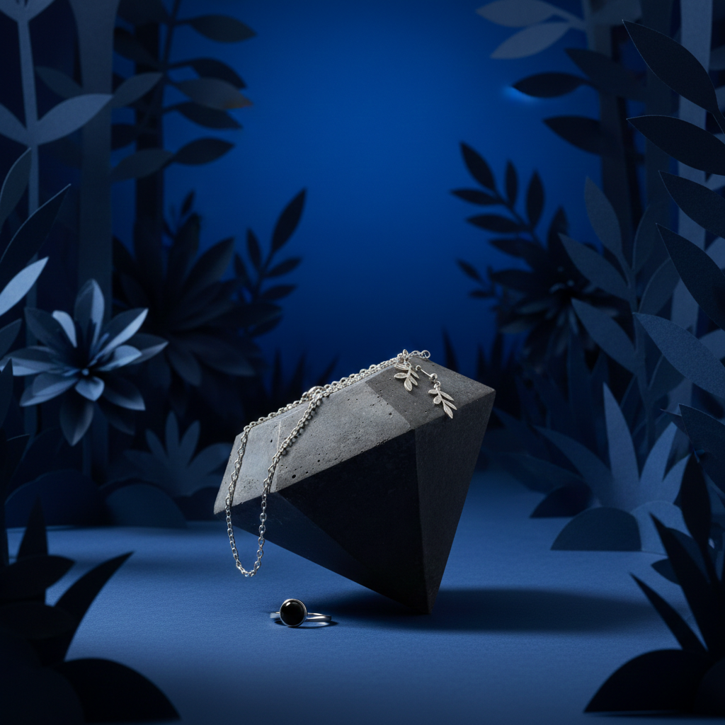 Diamant Skulptur als Schmuckständer mit blauen Papierblumen und silbernen Beispielschmuck Diamant Skulptur als Schmuckständer mit blauen Papierblumen und silbernen Beispielschmuck