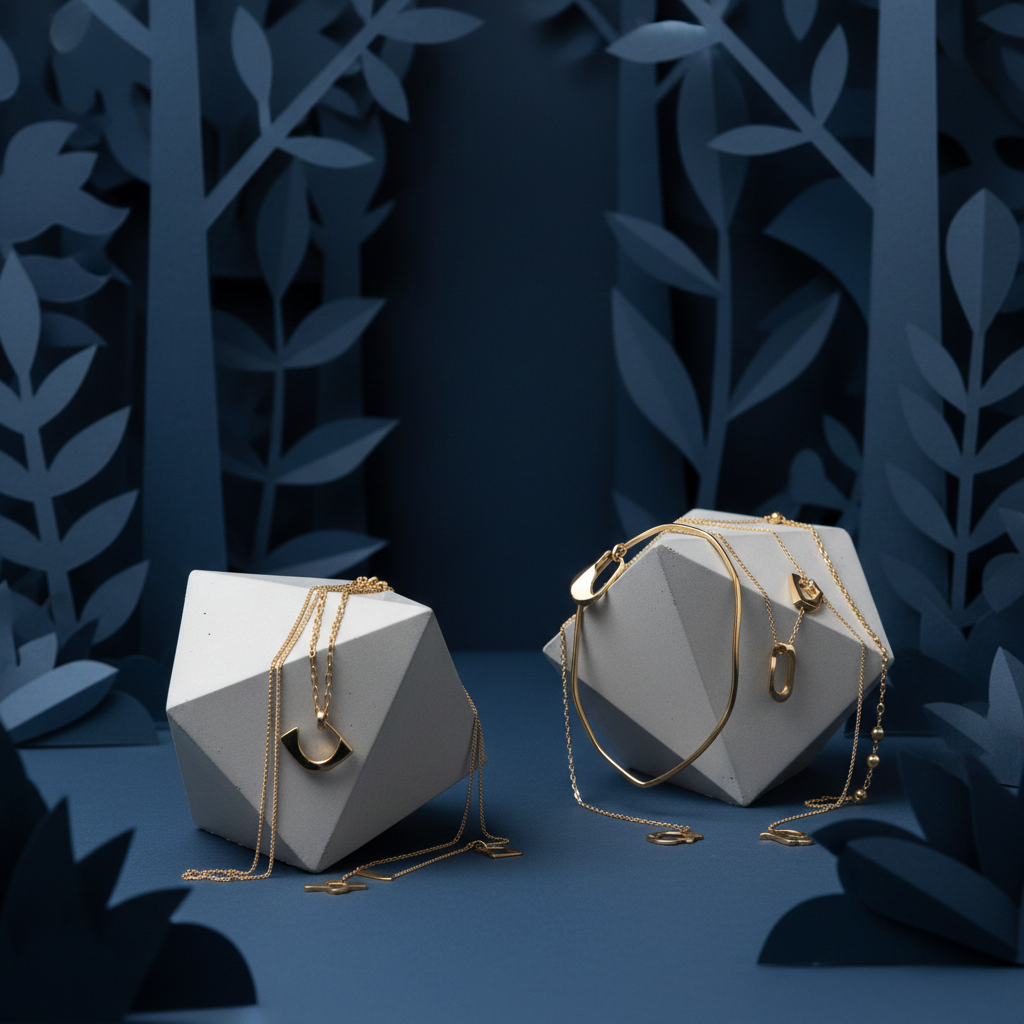 Skulpturale Beon Schmuckständer mit Beispielschmuck und blauen Papierblumen im Hintergrund Skulpturale Beon Schmuckständer mit Beispielschmuck und blauen Papierblumen im Hintergrund