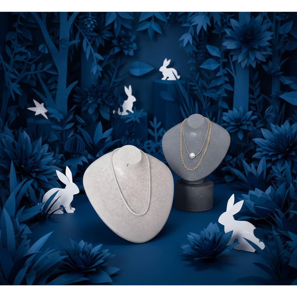 Diamant Skulptur als Schmuckständer mit blauen Papierblumen und silbernen Beispielschmuck Beton Halskettenständer, Büste mit blauen Papierblumen Osterthema