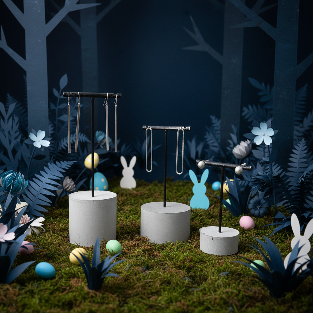 Ohrringständer in Osterdekoration, Schaufensterdisplay Ohrring-Ständer in Osterdekoration, Schaufensterdisplay