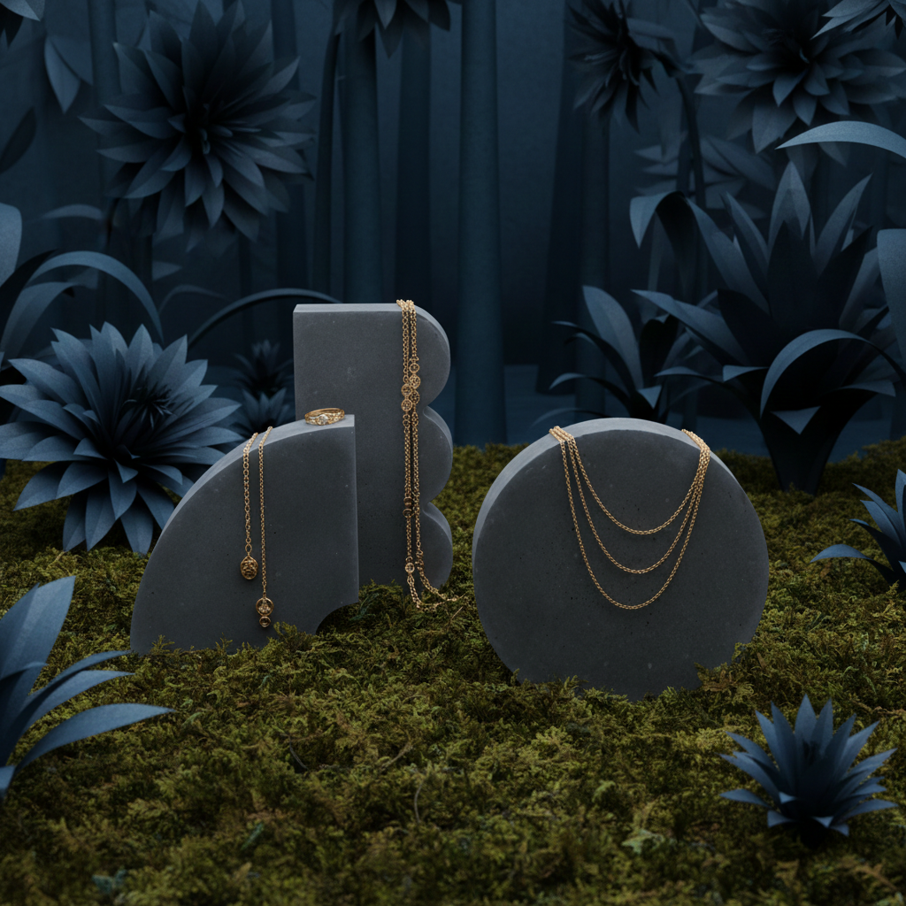 Geometrische Beton Schmuckständer, Displayidee blaue Papierblumen und grünes Moos Geometrische Beton Schmuckständer, Displayidee blaue Papierblumen und grünes Moos